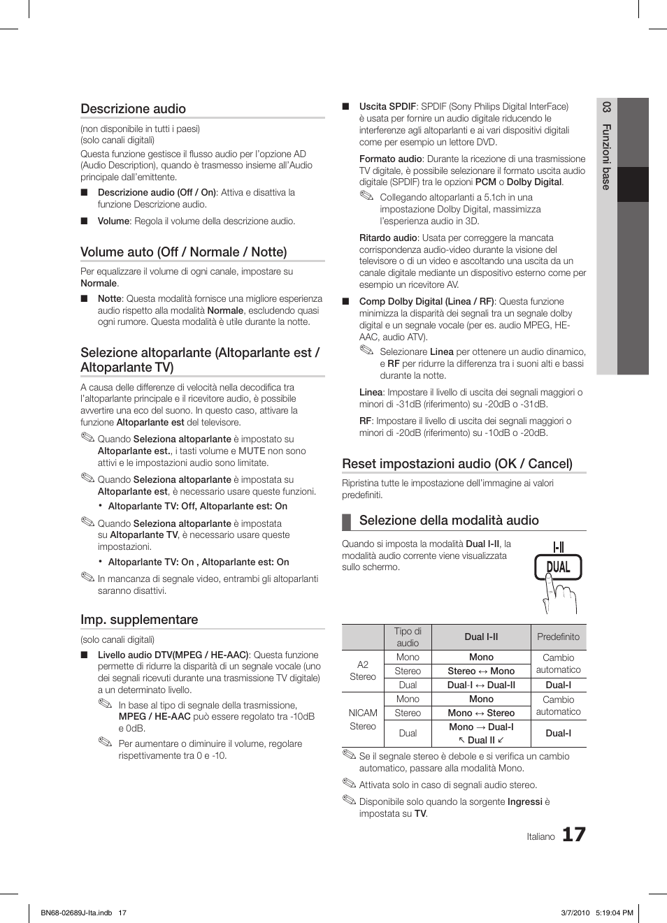 S.mode p.mode, Descrizione audio, Volume auto (off / normale / notte) | Imp. supplementare, Reset impostazioni audio (ok / cancel), Selezione della modalità audio | Samsung LE46C630K1P User Manual | Page 66 / 149