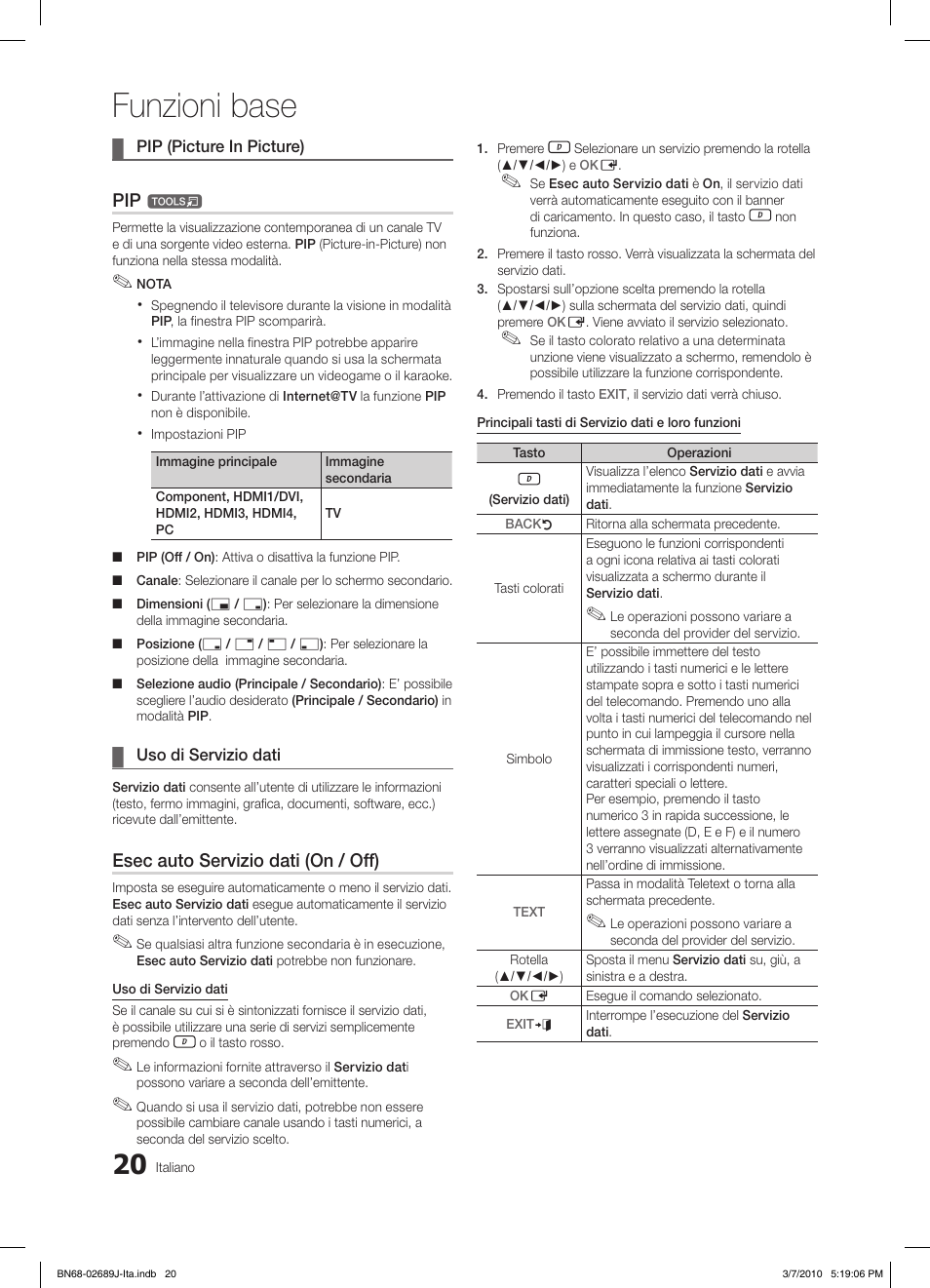 Funzioni base, Esec auto servizio dati (on / off) | Samsung LE46C630K1P User Manual | Page 69 / 149