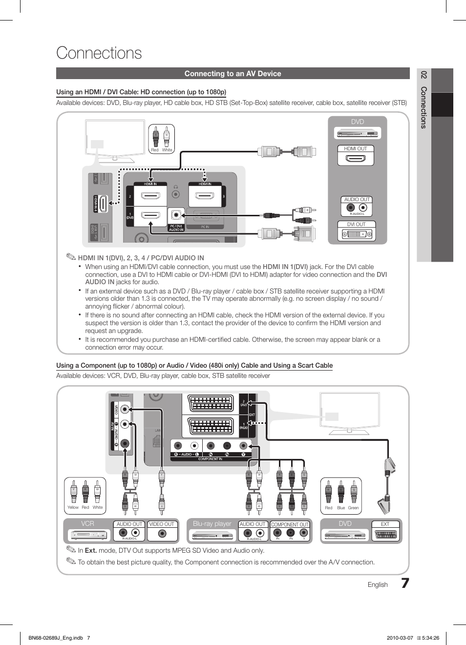 Connections, 02 connections, Connecting to an av device | English, Blu-ray player dvd vcr dvd | Samsung LE46C630K1P User Manual | Page 7 / 149