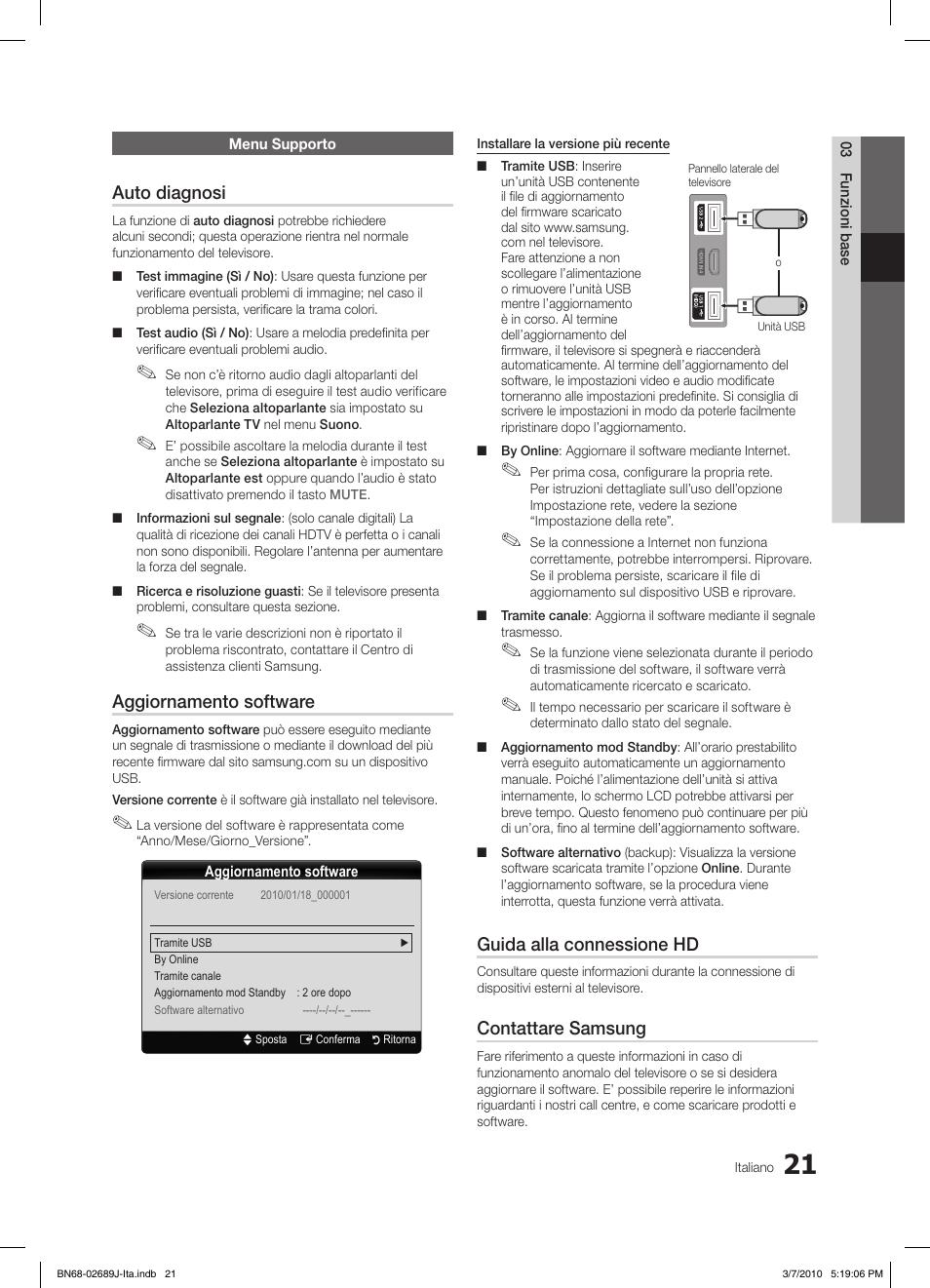 Auto diagnosi, Aggiornamento software, Guida alla connessione hd | Contattare samsung | Samsung LE46C630K1P User Manual | Page 70 / 149