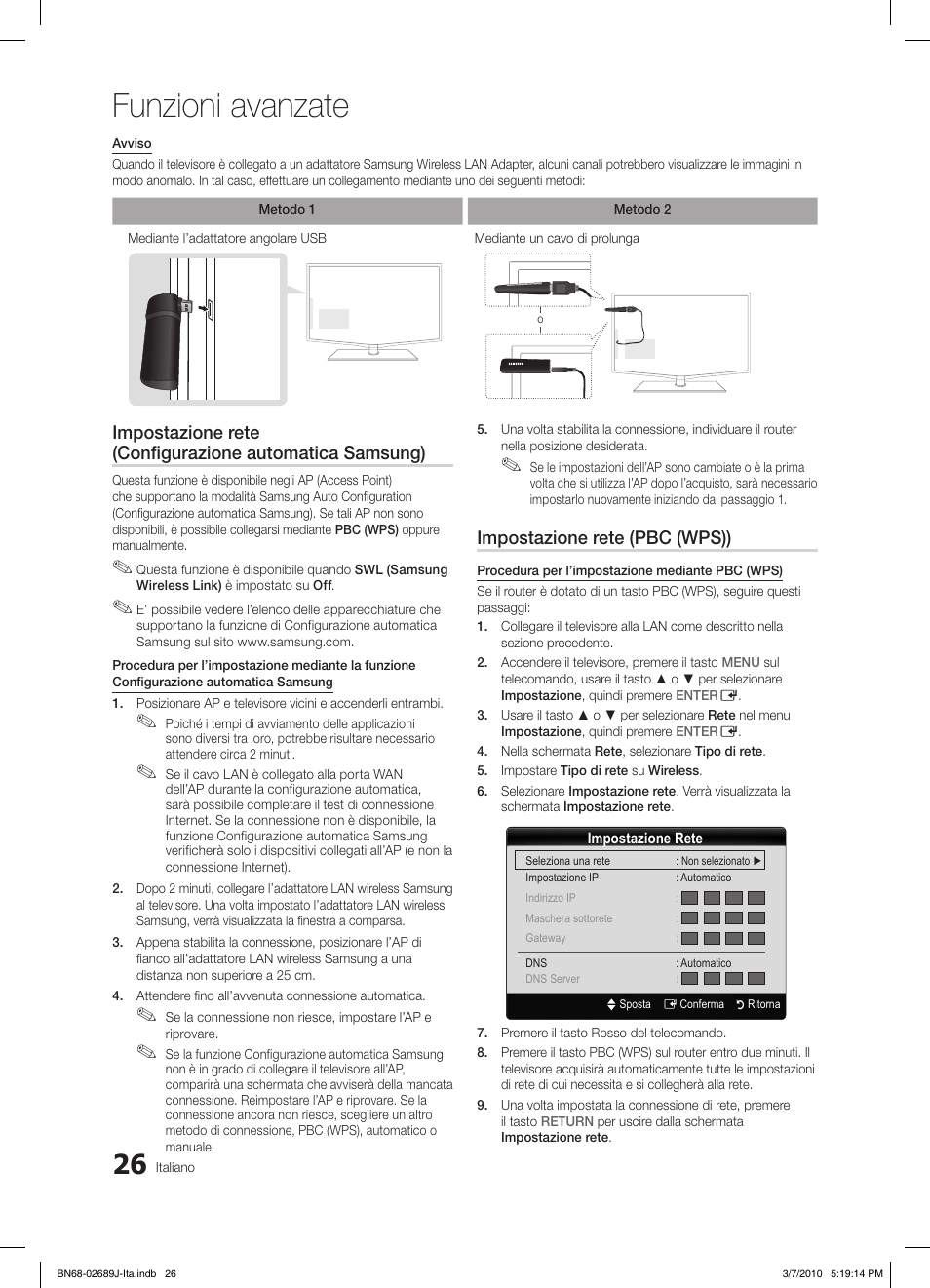 Funzioni avanzate, Impostazione rete (pbc (wps)) | Samsung LE46C630K1P User Manual | Page 75 / 149