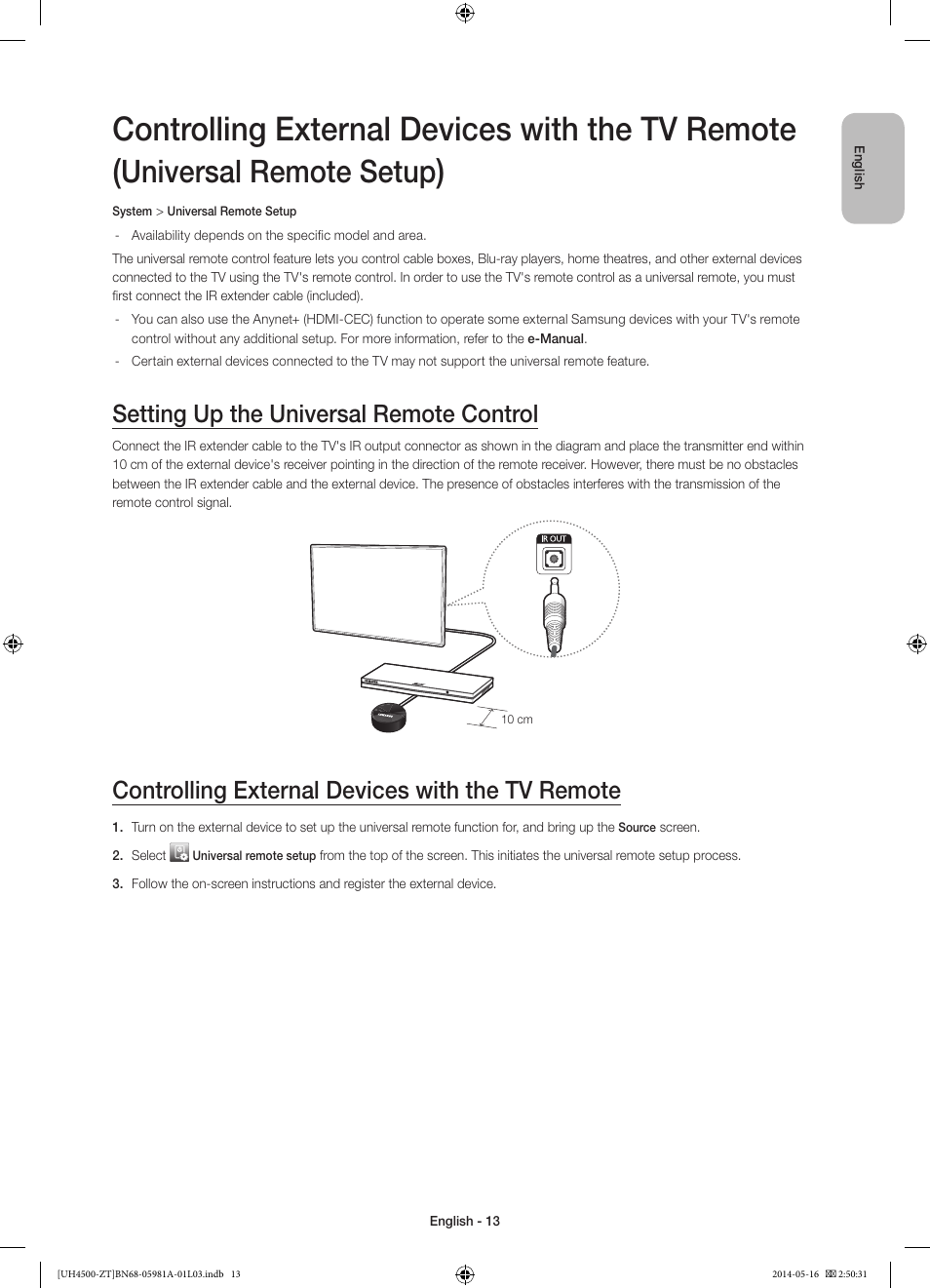 Controlling external devices with the tv remote, Universal remote setup, Setting up the universal remote control | Samsung UE32H4510AY User Manual | Page 13 / 57