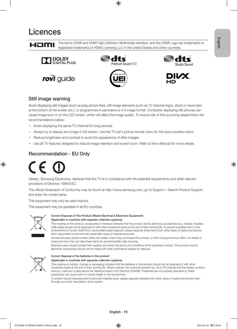 10 specifications and other information, Licences, Still image warning | Recommendation - eu only | Samsung UE32H4510AY User Manual | Page 19 / 57