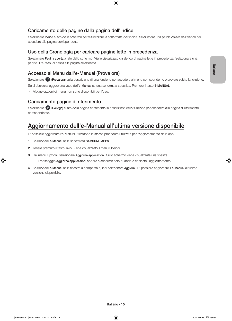 Caricamento delle pagine dalla pagina dell'indice, Accesso al menu dall'e-manual (prova ora), Caricamento pagine di riferimento | Samsung UE32H4510AY User Manual | Page 33 / 57