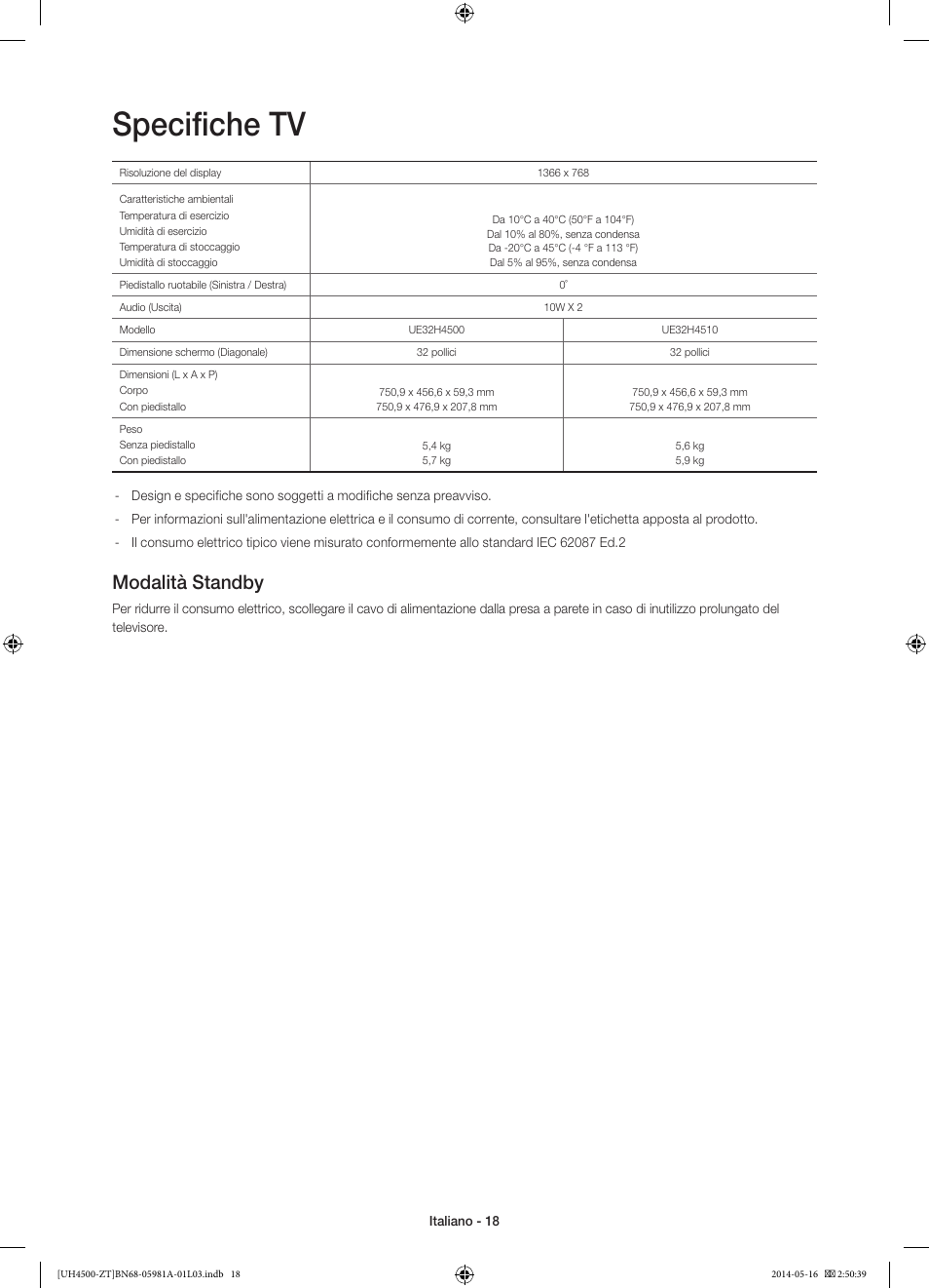 Specifiche tv, Modalità standby | Samsung UE32H4510AY User Manual | Page 36 / 57
