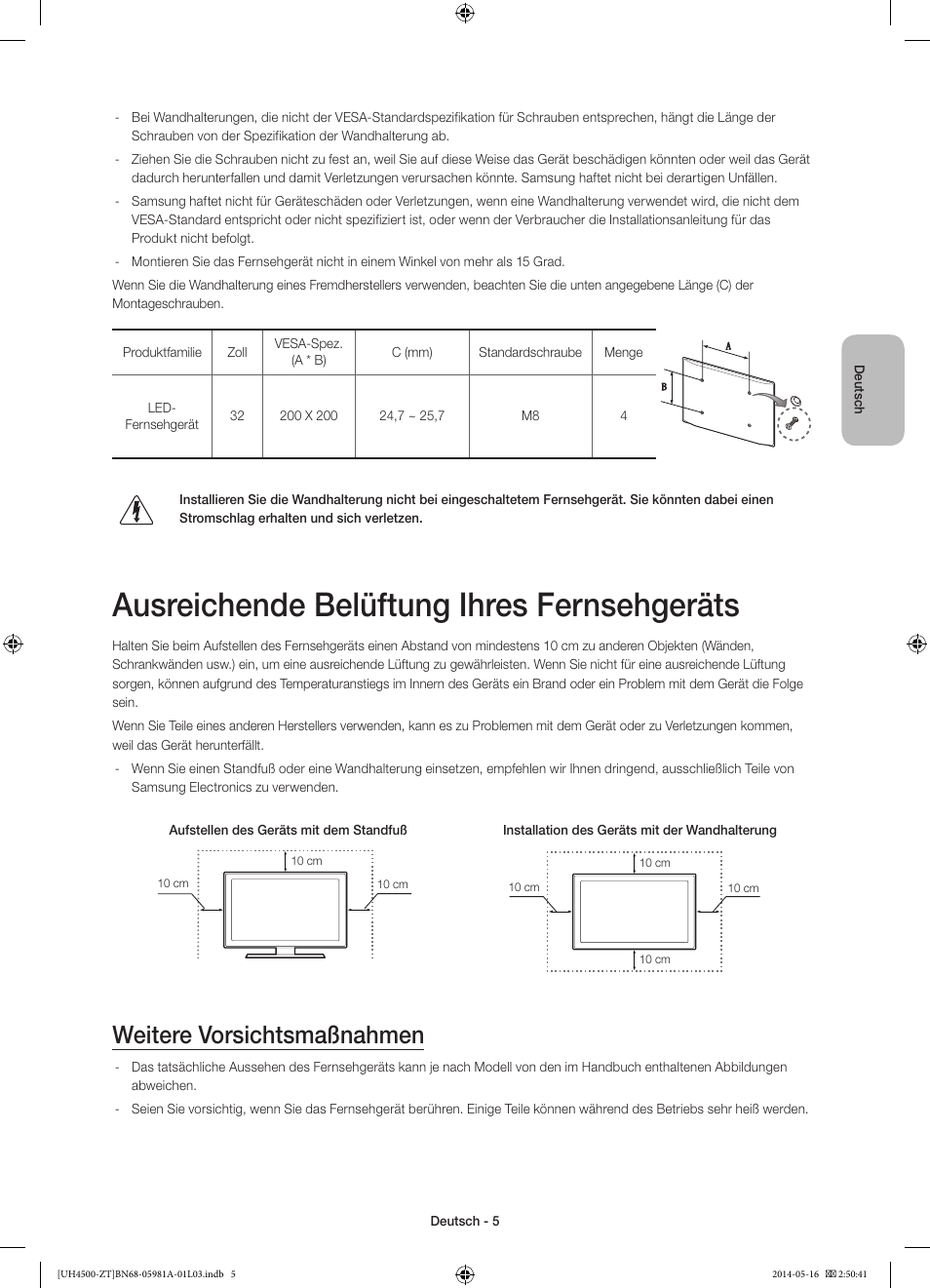 Ausreichende belüftung ihres fernsehgeräts, Weitere vorsichtsmaßnahmen | Samsung UE32H4510AY User Manual | Page 43 / 57