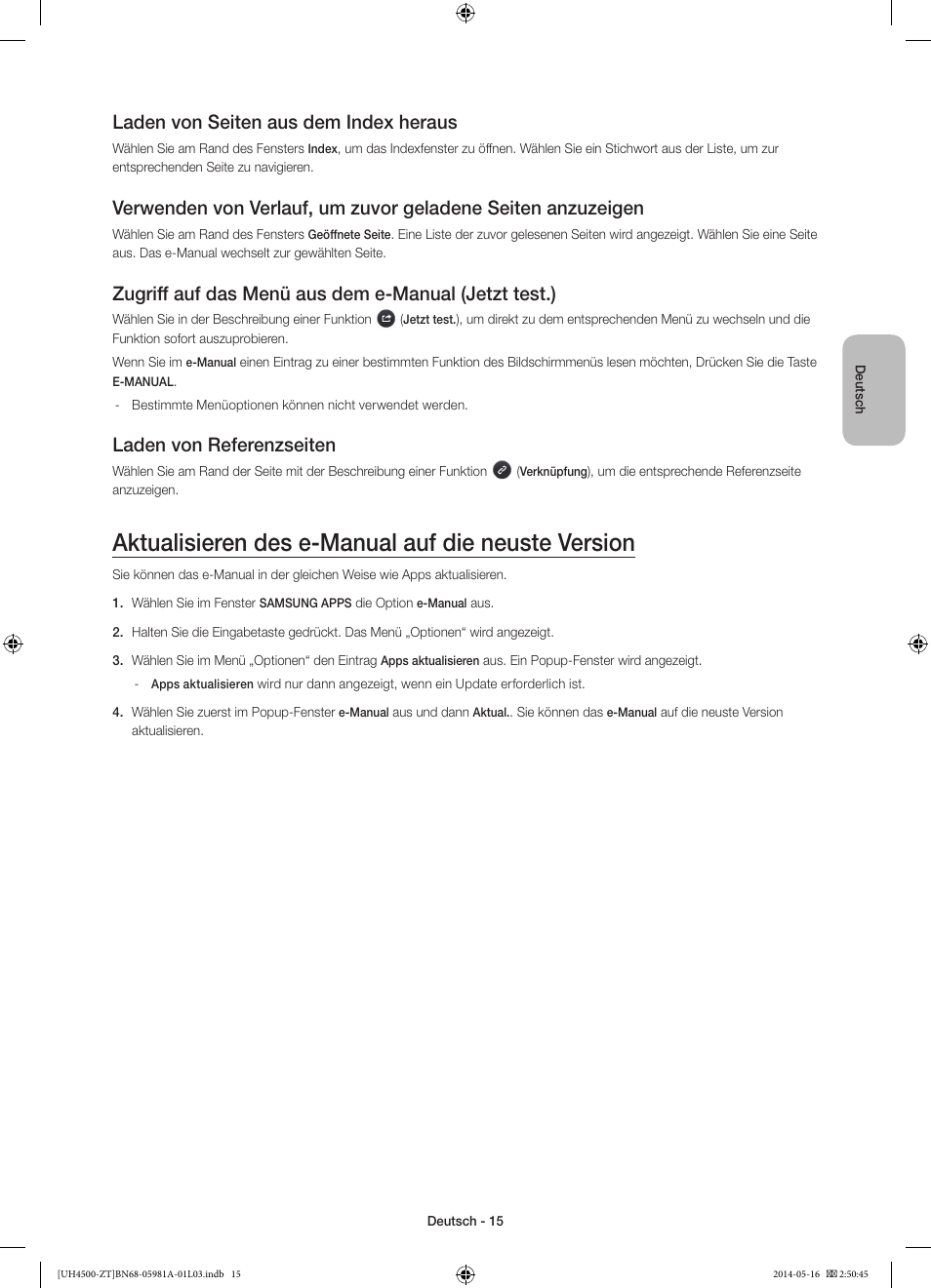Aktualisieren des e-manual auf die neuste version, Laden von seiten aus dem index heraus, Laden von referenzseiten | Samsung UE32H4510AY User Manual | Page 53 / 57