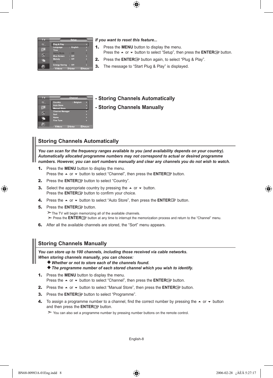 Setting the channels, Storing channels automatically, Storing channels manually | Samsung LE32R72B User Manual | Page 10 / 187