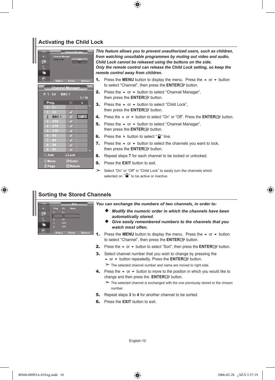 Activating the child lock, Sorting the stored channels | Samsung LE32R72B User Manual | Page 12 / 187