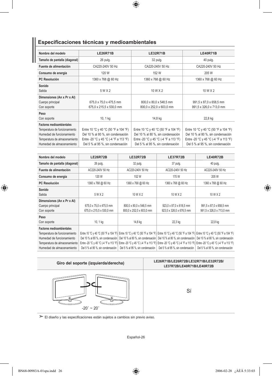 Especificaciones técnicas y medioambientales | Samsung LE32R72B User Manual | Page 132 / 187