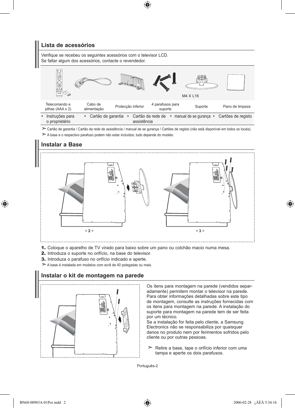 Lista de acessórios, Instalar a base, Instalar o kit de montagem na parede | Samsung LE32R72B User Manual | Page 134 / 187