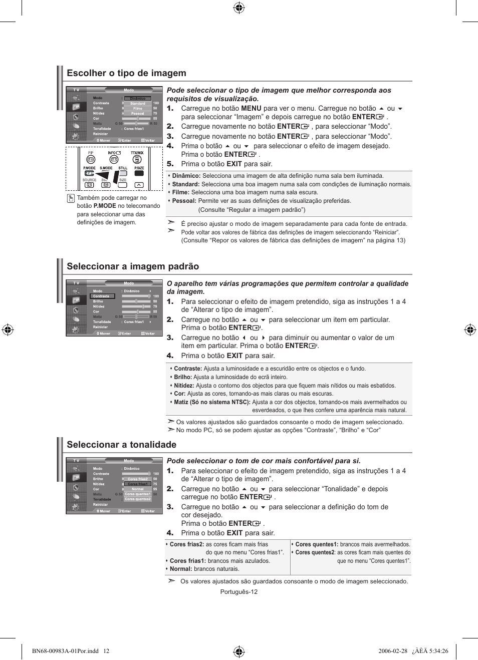 Escolher o tipo de imagem, Seleccionar a imagem padrão, Seleccionar a tonalidade | Samsung LE32R72B User Manual | Page 144 / 187