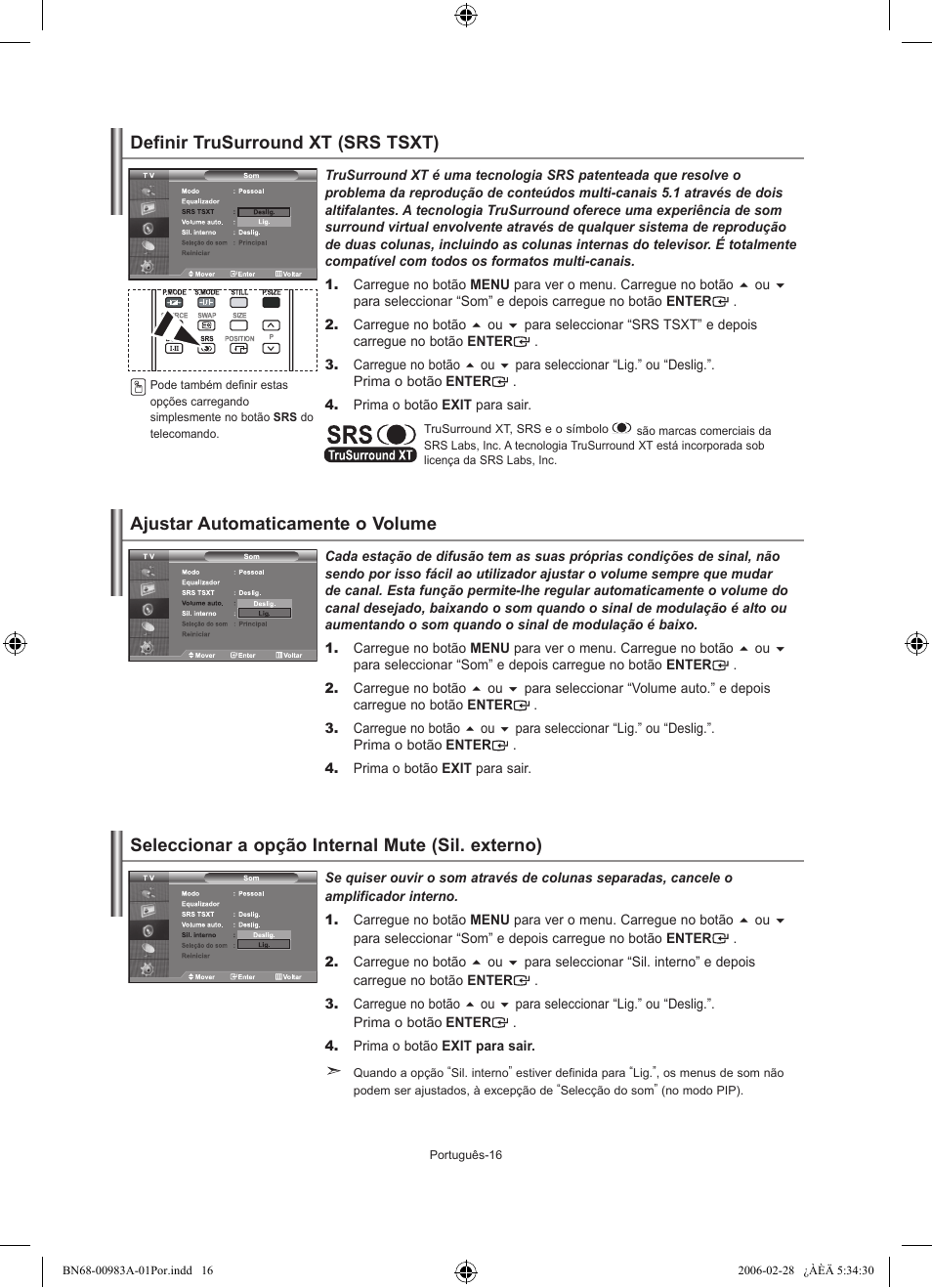 Definir trusurround xt (srs tsxt), Ajustar automaticamente o volume, Seleccionar a opção internal mute (sil. externo) | Samsung LE32R72B User Manual | Page 148 / 187