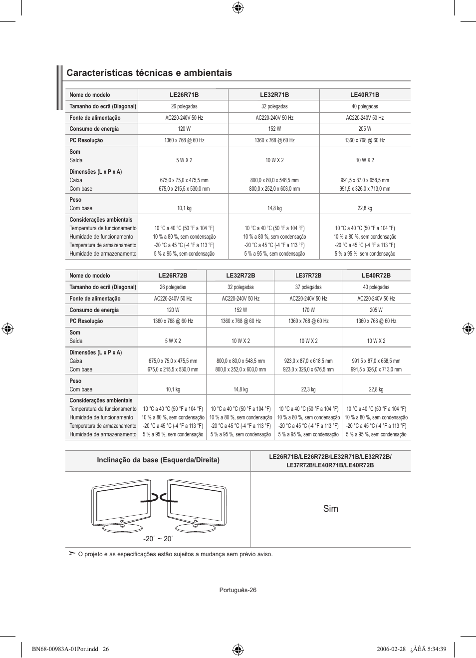 Características técnicas e ambientais | Samsung LE32R72B User Manual | Page 158 / 187