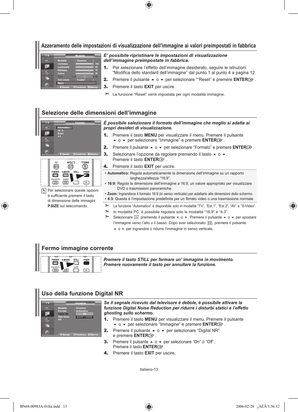 Selezione delle dimensioni dell’immagine, Fermo immagine corrente, Uso della funzione digital nr | Samsung LE32R72B User Manual | Page 171 / 187