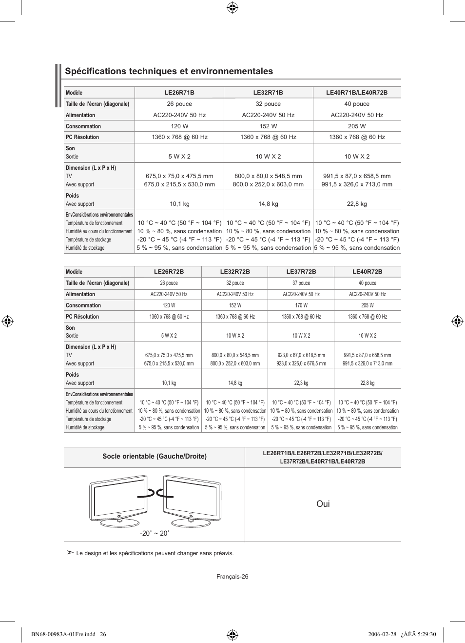 Spécifications techniques et environnementales | Samsung LE32R72B User Manual | Page 54 / 187