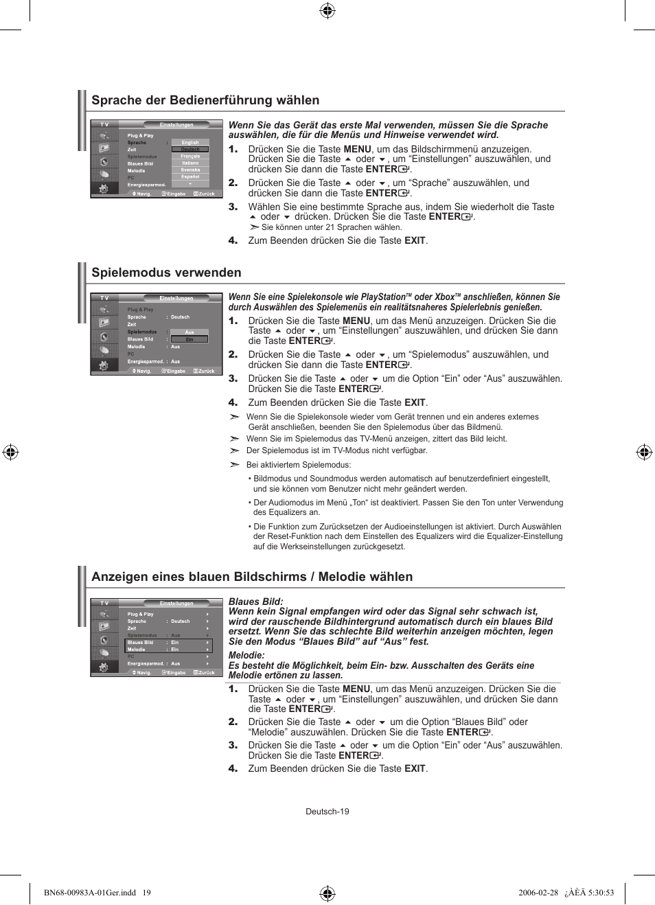 Sprache der bedienerführung wählen, Spielemodus verwenden, Anzeigen eines blauen bildschirms / melodie wählen | Samsung LE32R72B User Manual | Page 73 / 187