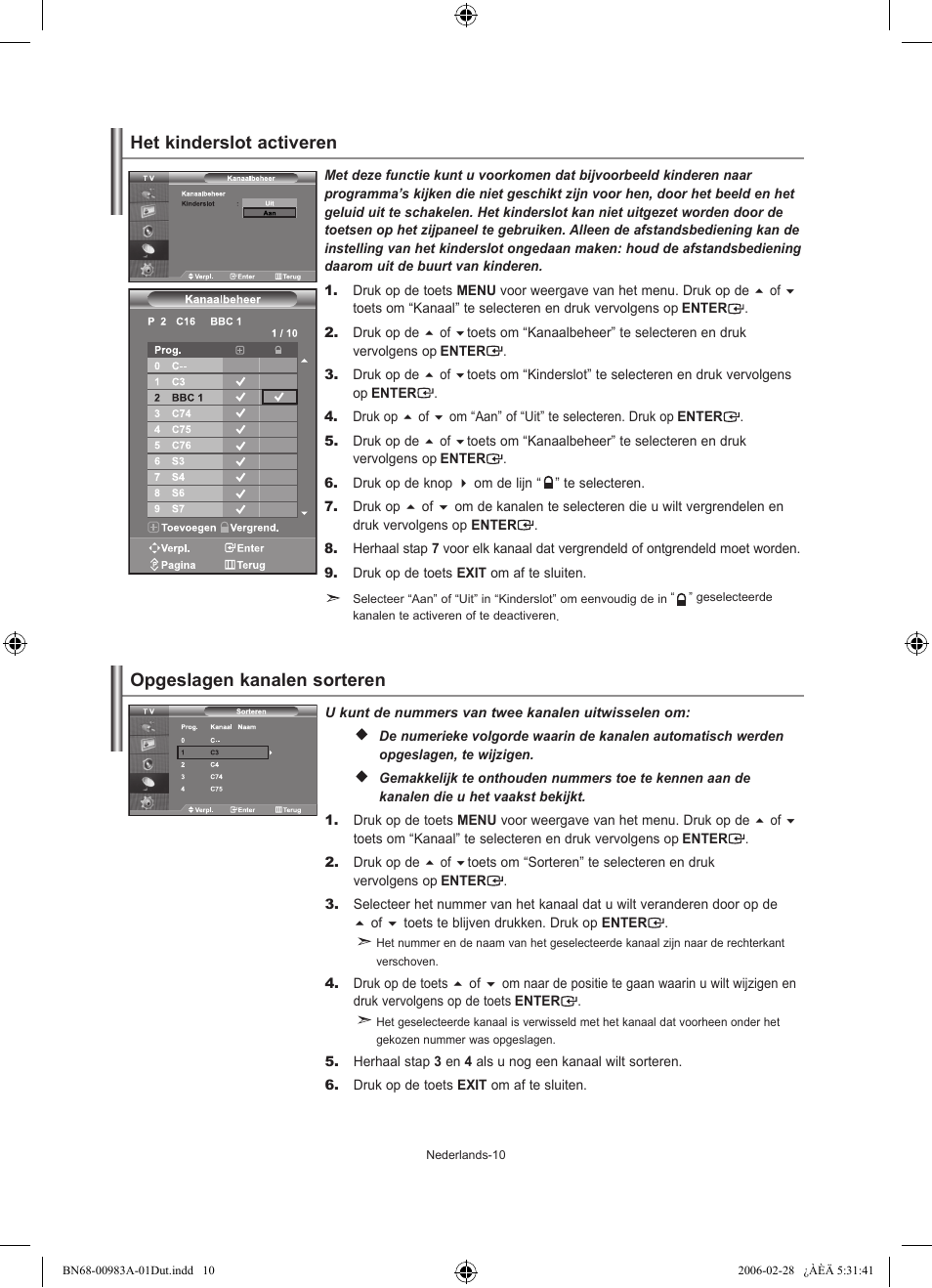 Opgeslagen kanalen sorteren, Het kinderslot activeren | Samsung LE32R72B User Manual | Page 90 / 187