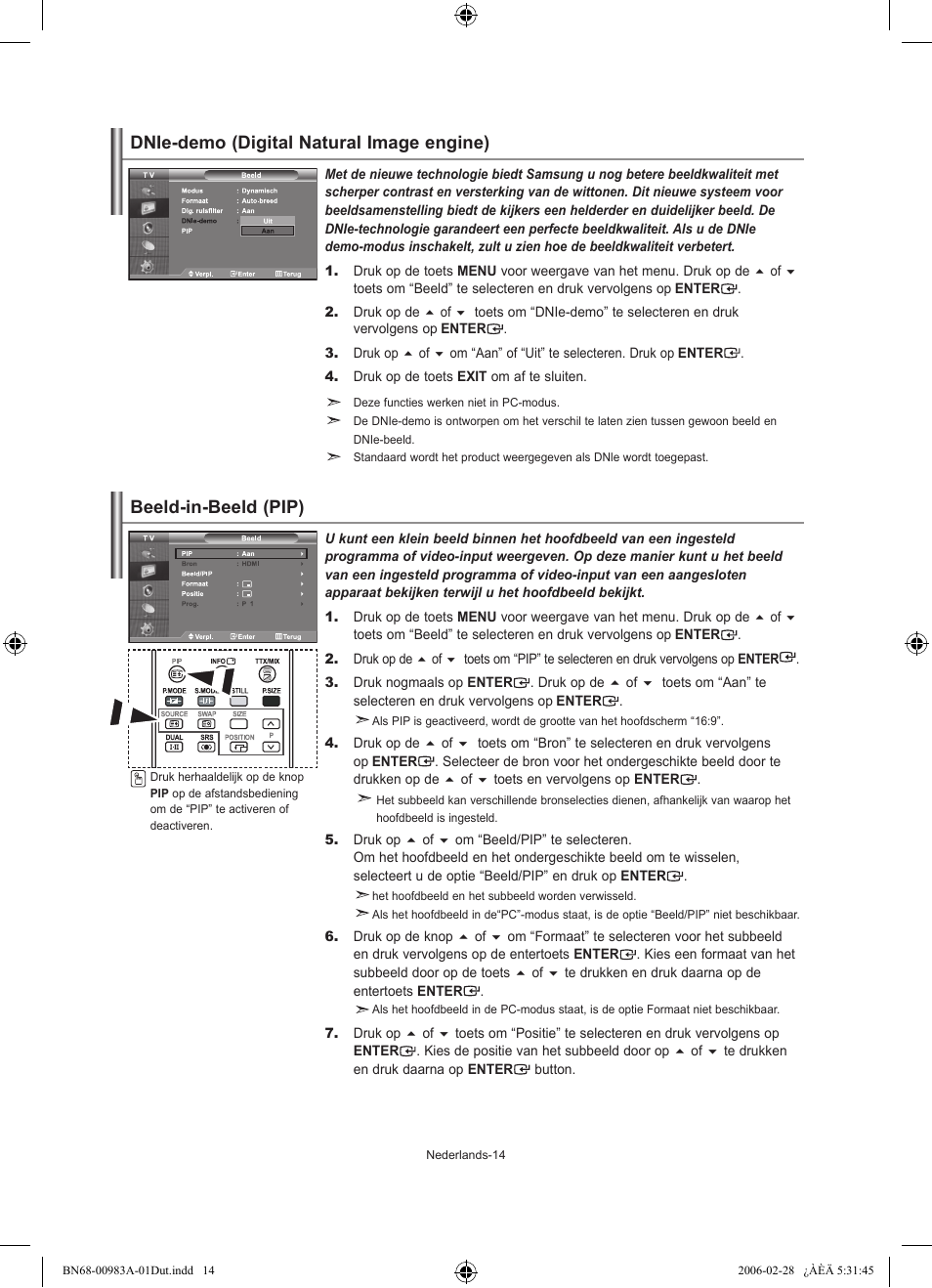 Beeld-in-beeld (pip), Dnie-demo (digital natural image engine) | Samsung LE32R72B User Manual | Page 94 / 187