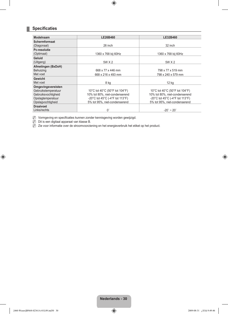 Specificaties | Samsung LE32B460B2W User Manual | Page 128 / 296