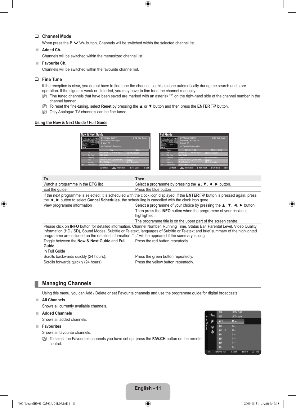 Managing channels, English - 11 channel mode, Fine tune | Using the now & next guide / full guide, Nn n | Samsung LE32B460B2W User Manual | Page 13 / 296