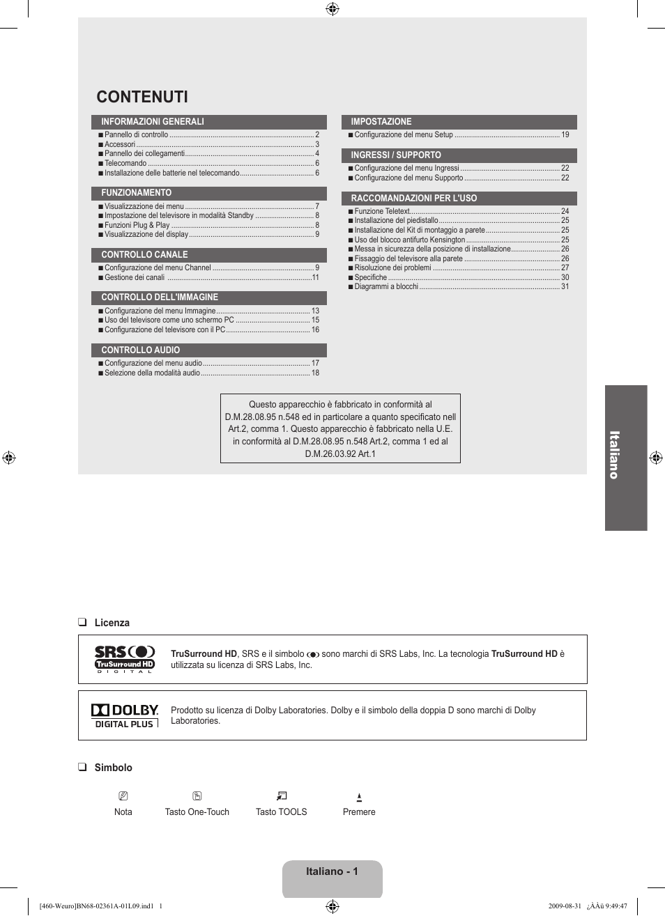 Contenuti, Italiano | Samsung LE32B460B2W User Manual | Page 131 / 296
