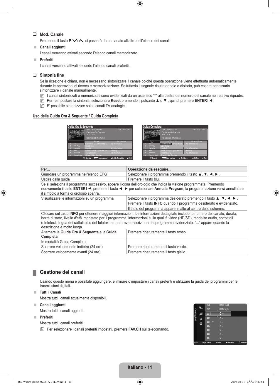 Gestione dei canali, Italiano - 11 mod. canale, Sintonia fine | Uso della guida ora & seguente / guida completa, N n n | Samsung LE32B460B2W User Manual | Page 141 / 296