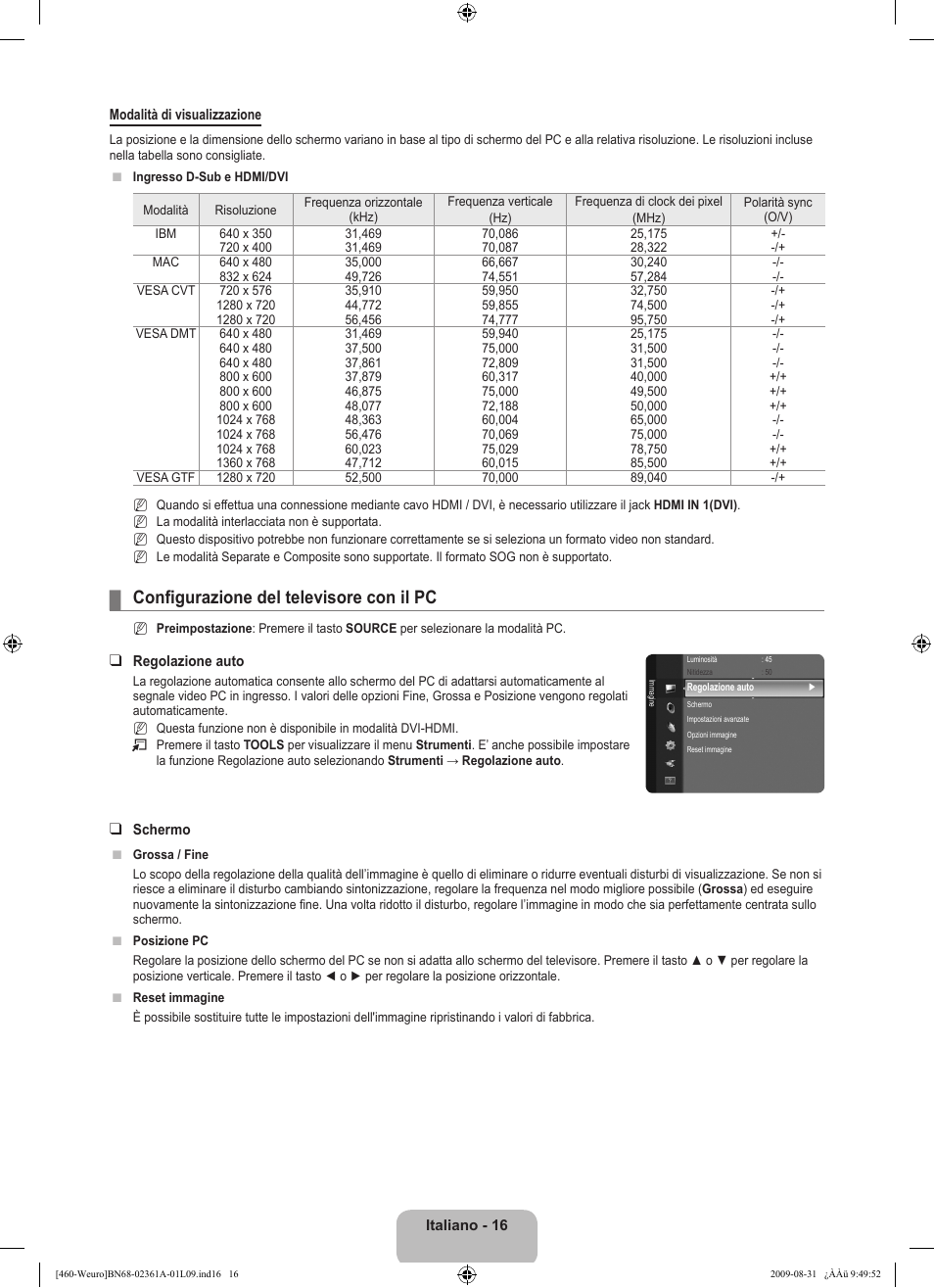 Configurazione del televisore con il pc | Samsung LE32B460B2W User Manual | Page 146 / 296