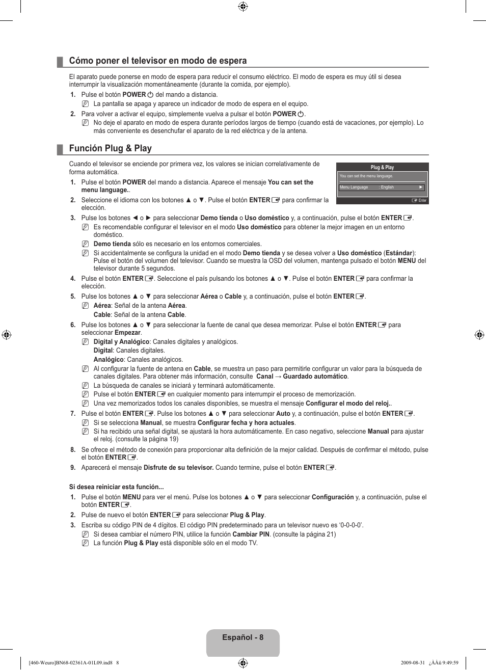 Cómo poner el televisor en modo de espera, Función plug & play | Samsung LE32B460B2W User Manual | Page 170 / 296