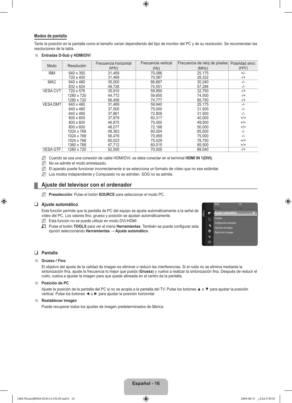 Ajuste del televisor con el ordenador | Samsung LE32B460B2W User Manual | Page 178 / 296
