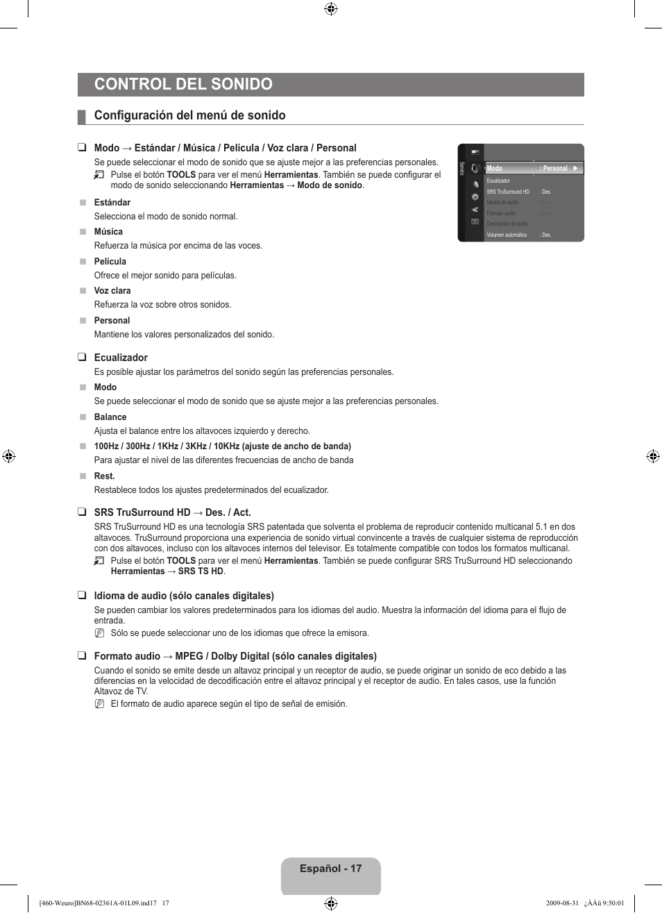 Control del sonido, Configuración del menú de sonido | Samsung LE32B460B2W User Manual | Page 179 / 296