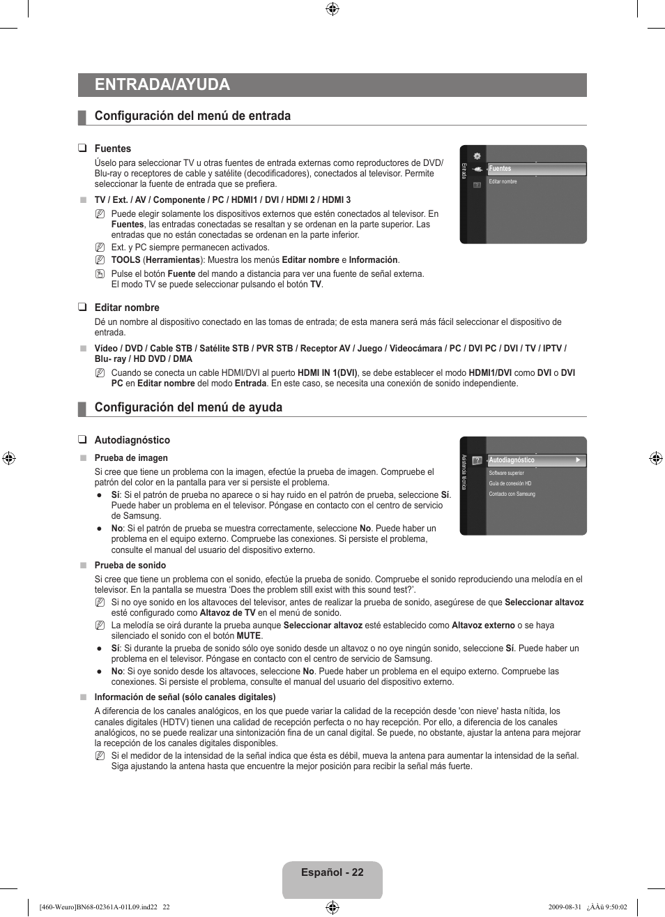 Entrada/ayuda, Configuración del menú de entrada, Configuración del menú de ayuda | Samsung LE32B460B2W User Manual | Page 184 / 296