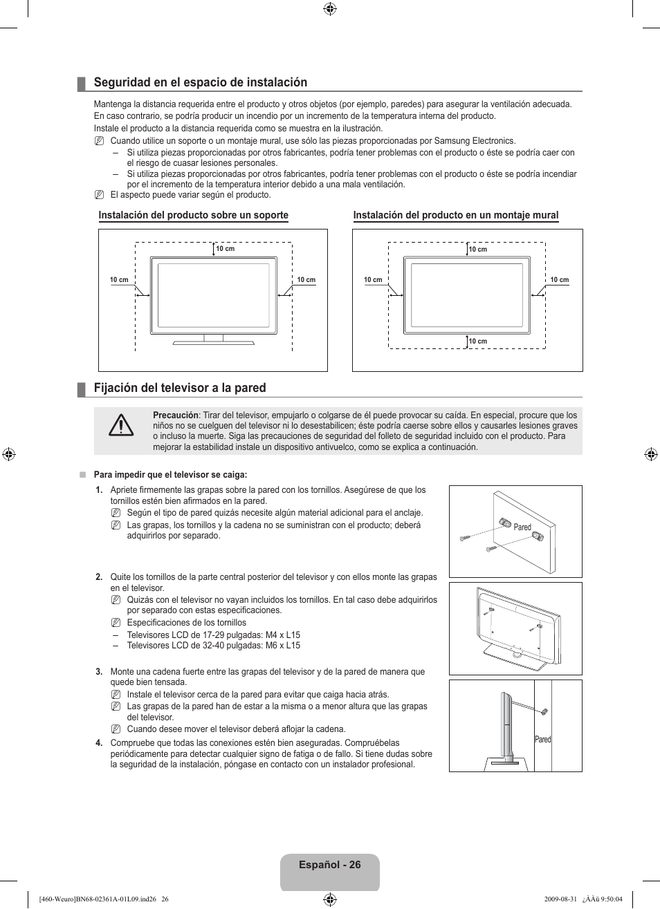 Seguridad en el espacio de instalación, Fijación del televisor a la pared | Samsung LE32B460B2W User Manual | Page 188 / 296