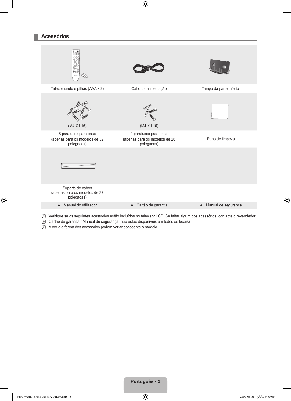 Acessórios | Samsung LE32B460B2W User Manual | Page 197 / 296