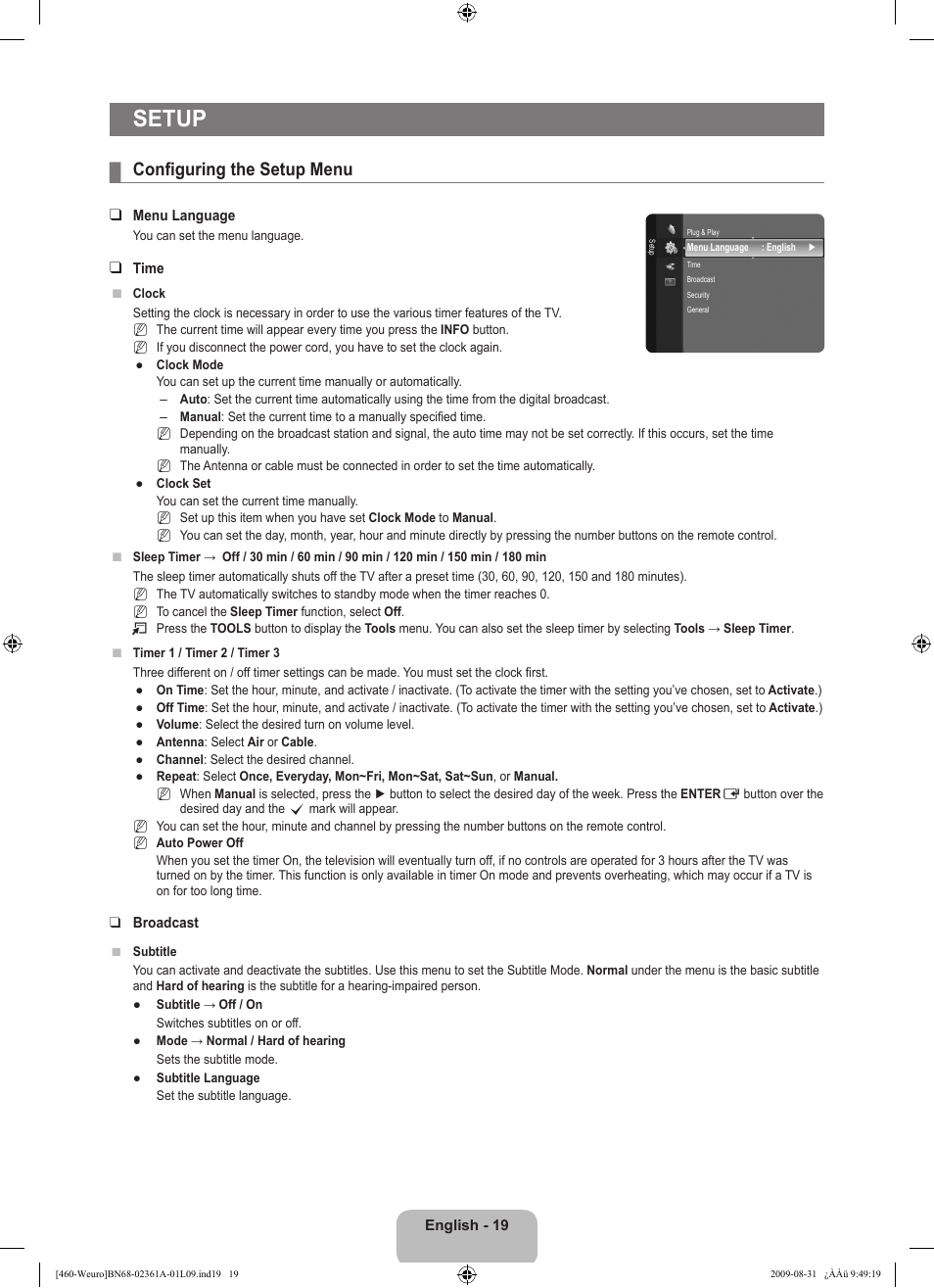 Setup, Configuring the setup menu | Samsung LE32B460B2W User Manual | Page 21 / 296