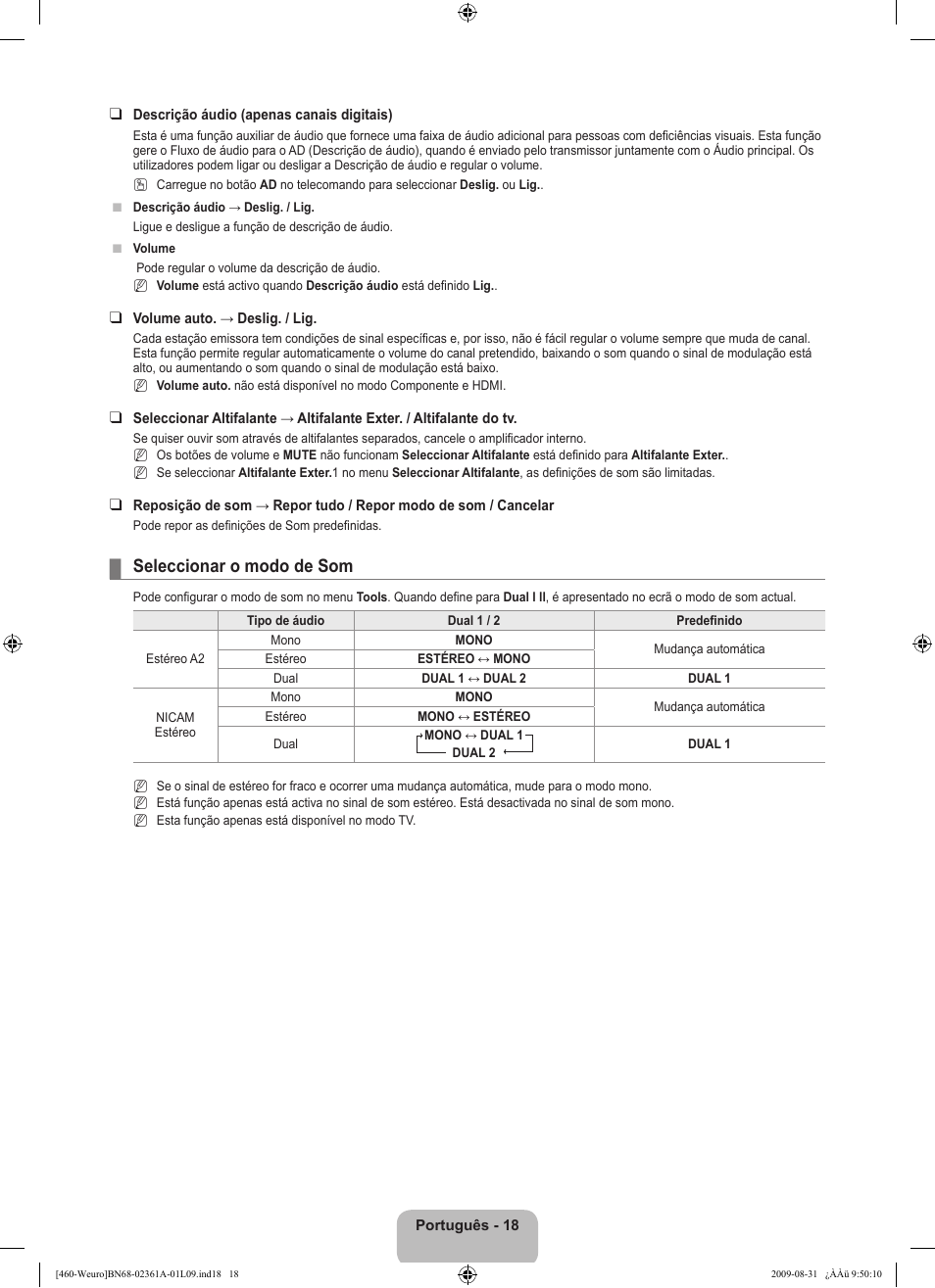 Seleccionar o modo de som | Samsung LE32B460B2W User Manual | Page 212 / 296