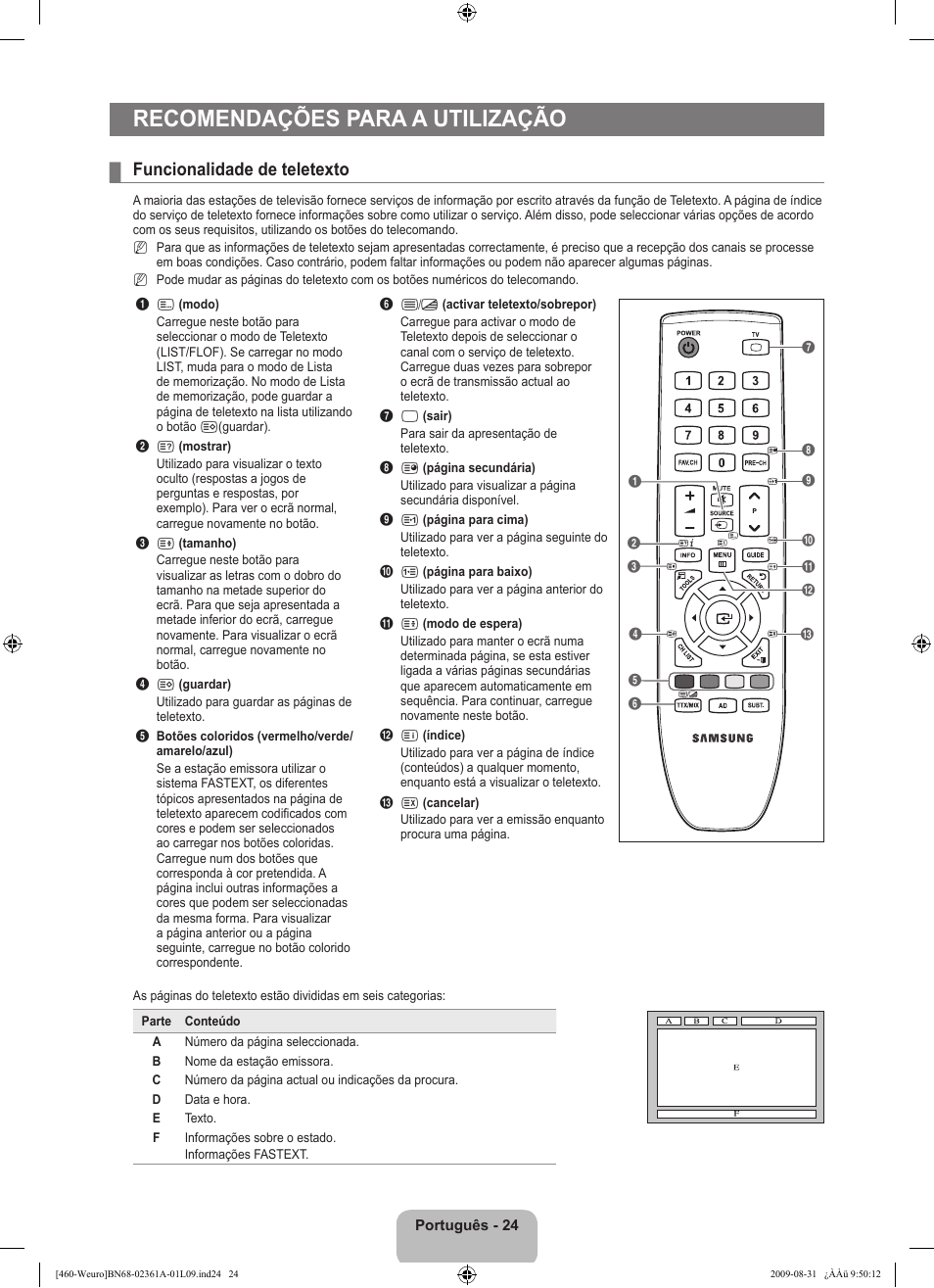 Recomendações para a utilização, Funcionalidade de teletexto | Samsung LE32B460B2W User Manual | Page 218 / 296