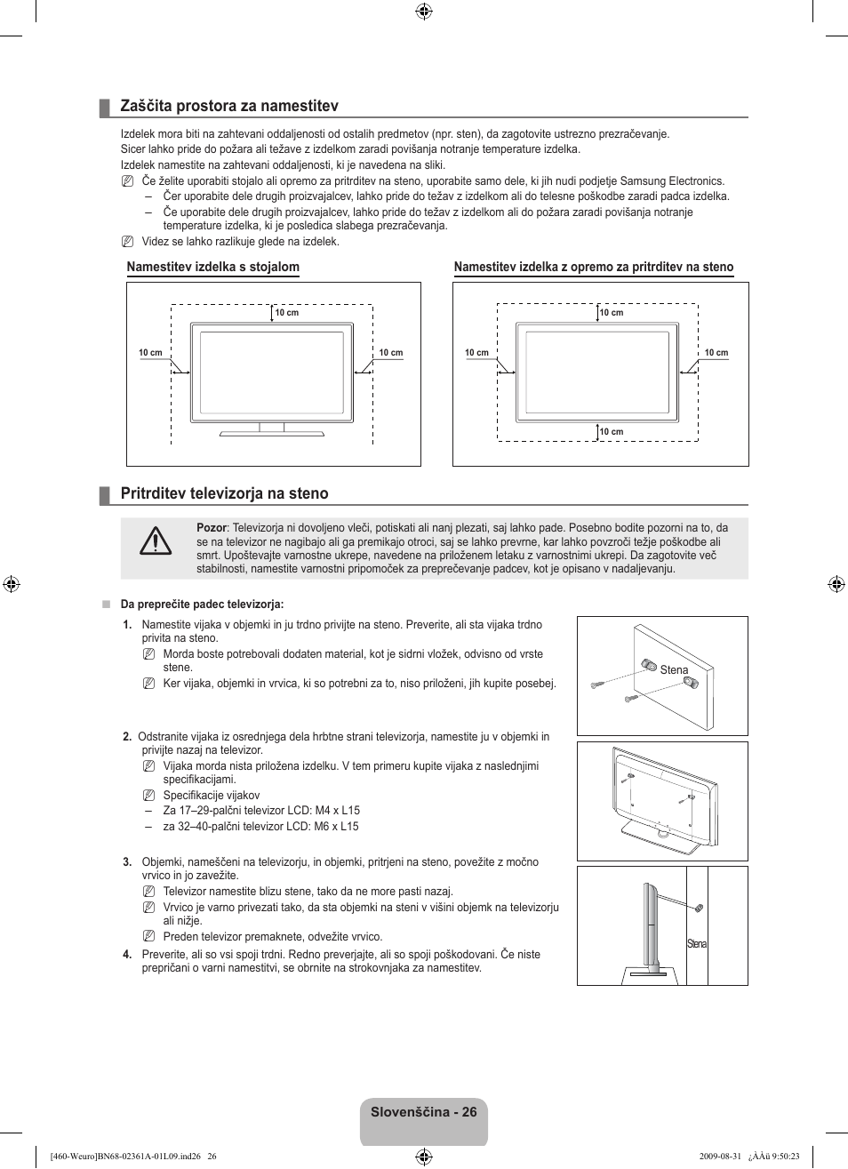 Zaščita prostora za namestitev, Pritrditev televizorja na steno | Samsung LE32B460B2W User Manual | Page 252 / 296