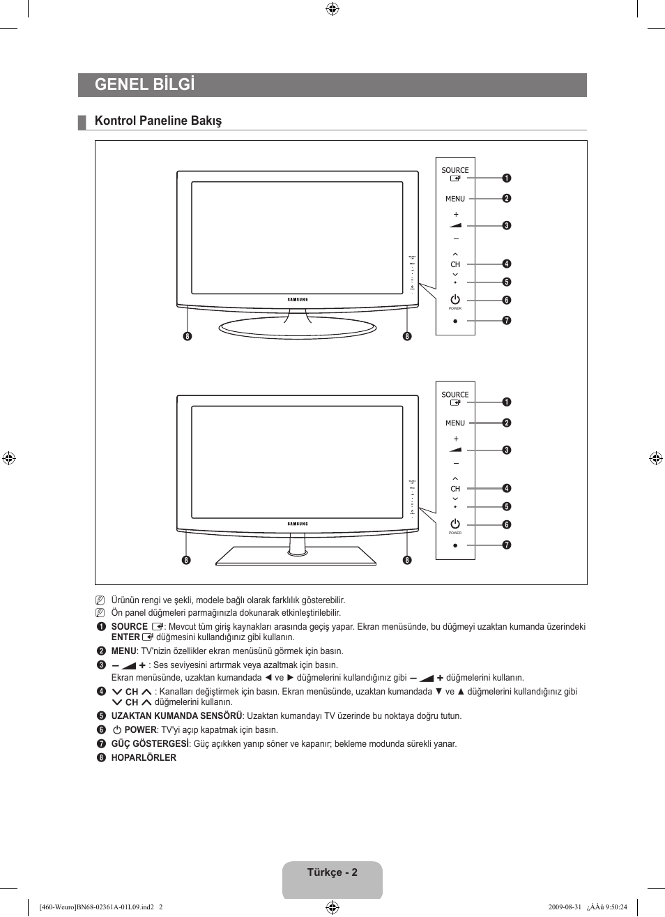 Genel bilgi, Kontrol paneline bakış | Samsung LE32B460B2W User Manual | Page 260 / 296