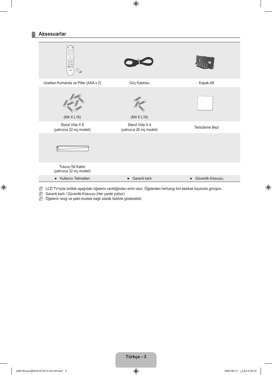 Aksesuarlar | Samsung LE32B460B2W User Manual | Page 261 / 296