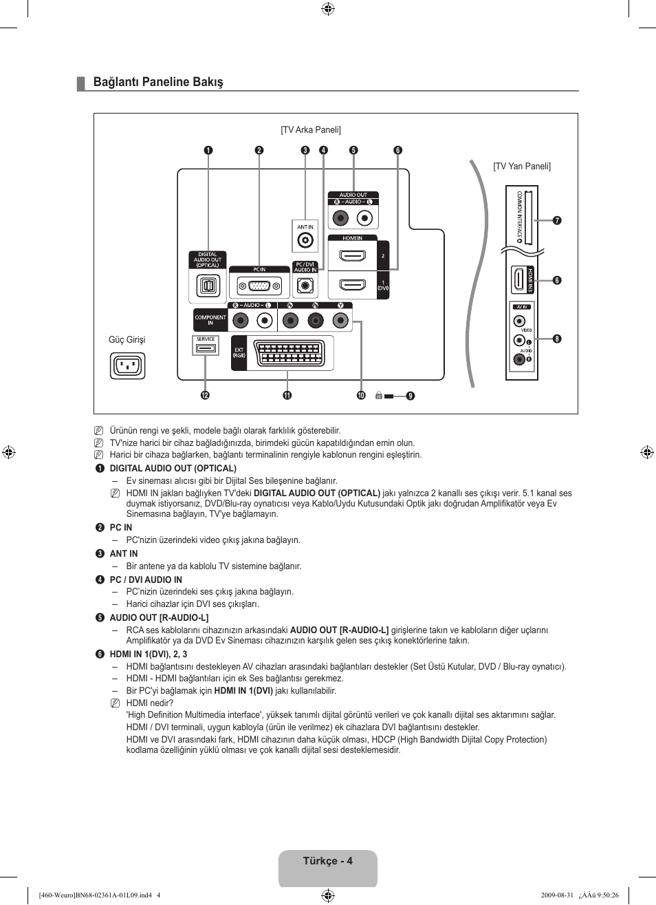 Bağlantı paneline bakış | Samsung LE32B460B2W User Manual | Page 262 / 296