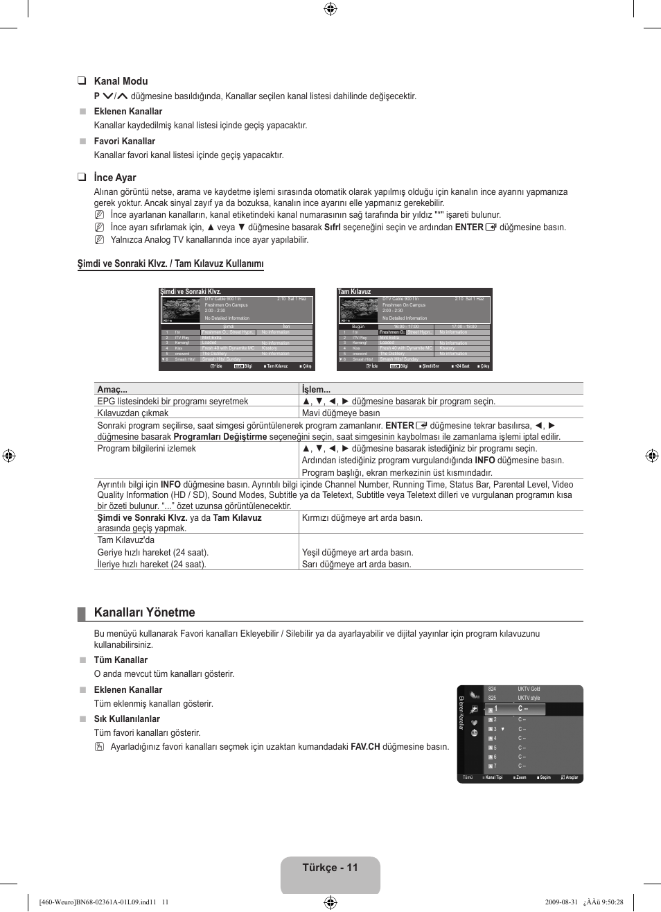 Kanalları yönetme, Türkçe - 11 kanal modu, Ince ayar | Şimdi ve sonraki klvz. / tam kılavuz kullanımı, N n n | Samsung LE32B460B2W User Manual | Page 269 / 296
