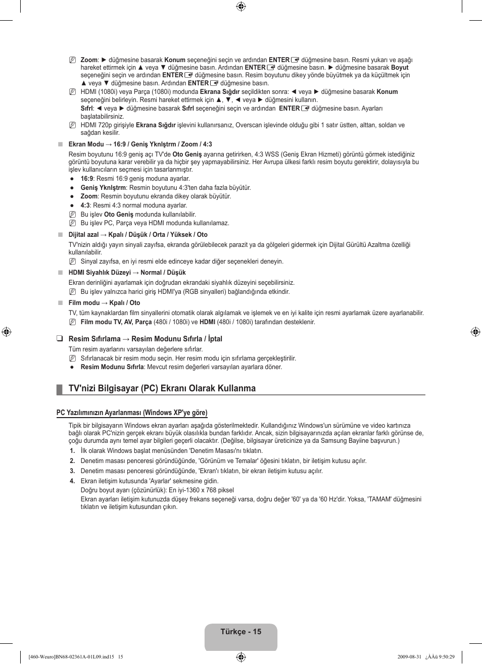 Tv'nizi bilgisayar (pc) ekranı olarak kullanma | Samsung LE32B460B2W User Manual | Page 273 / 296