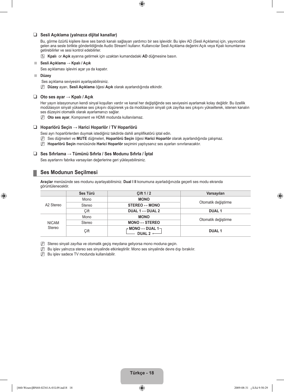 Ses modunun seçilmesi | Samsung LE32B460B2W User Manual | Page 276 / 296