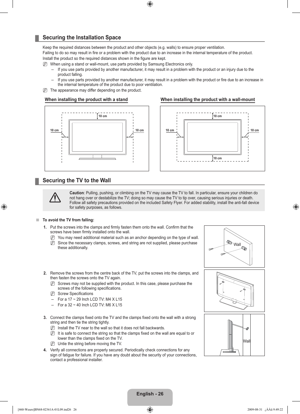 Securing the installation space, Securing the tv to the wall | Samsung LE32B460B2W User Manual | Page 28 / 296