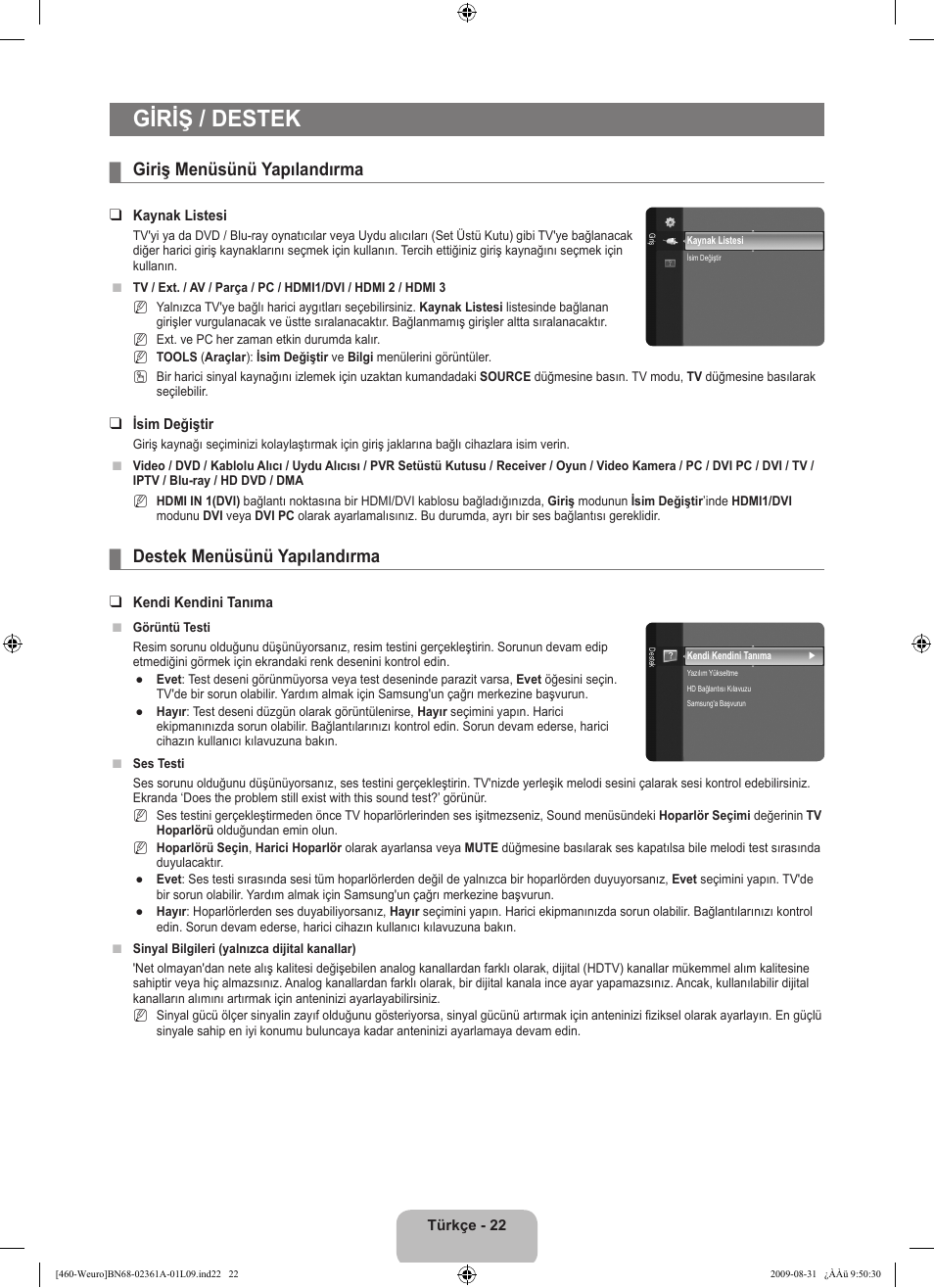 Giriş / destek, Giriş menüsünü yapılandırma, Destek menüsünü yapılandırma | Samsung LE32B460B2W User Manual | Page 280 / 296