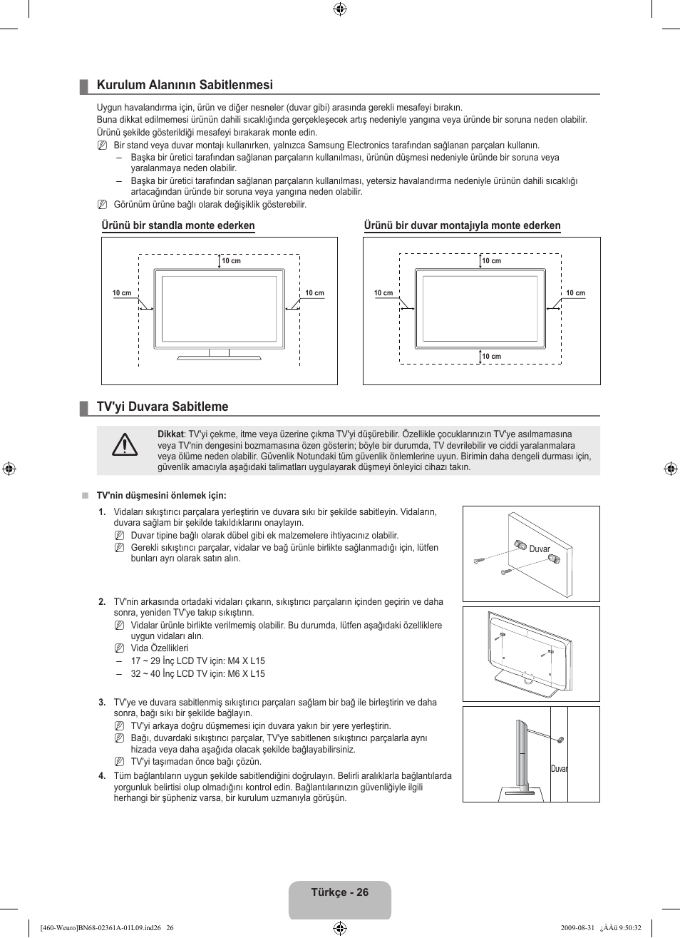 Kurulum alanının sabitlenmesi, Tv'yi duvara sabitleme | Samsung LE32B460B2W User Manual | Page 284 / 296
