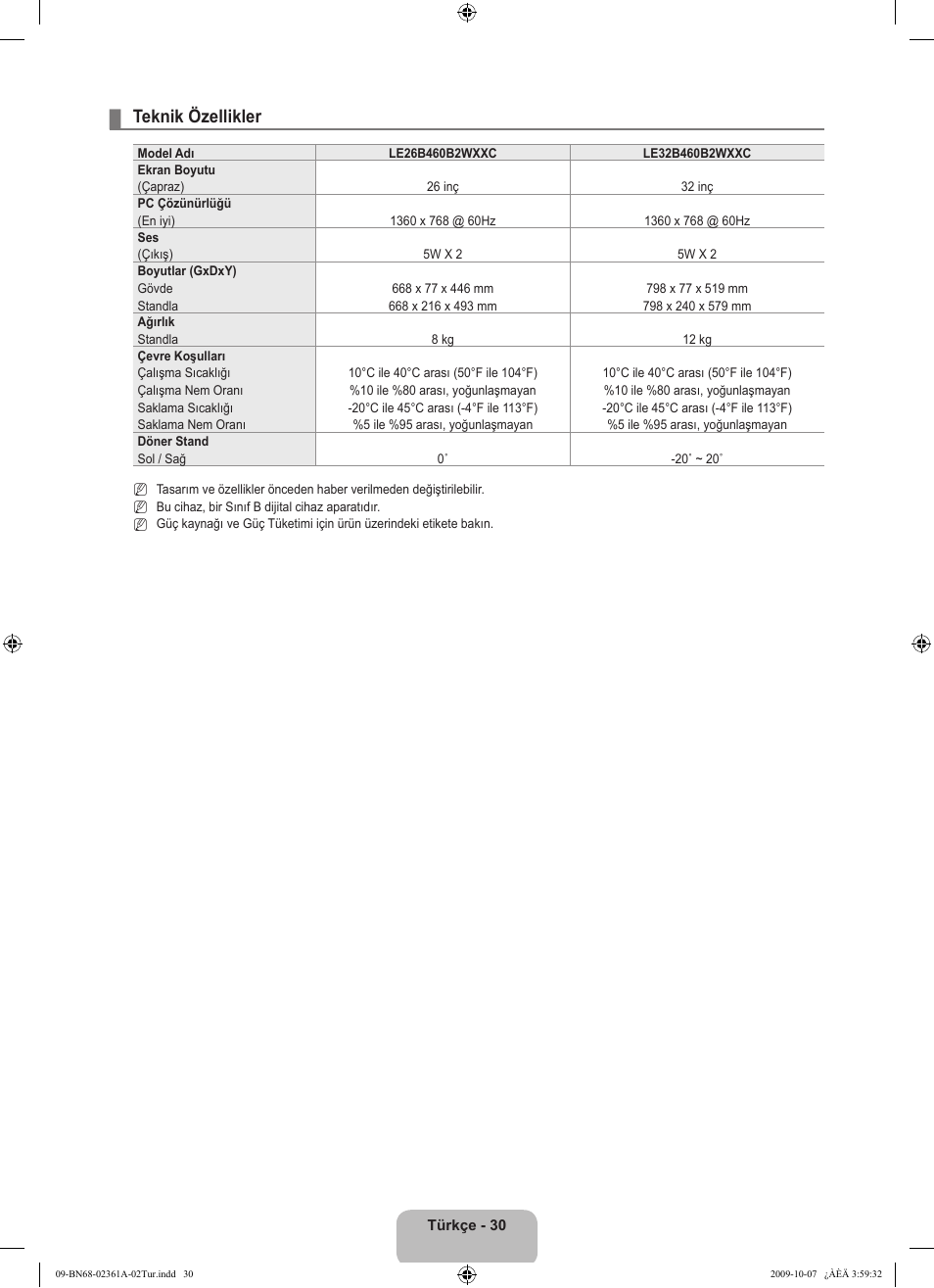 Teknik özellikler | Samsung LE32B460B2W User Manual | Page 288 / 296