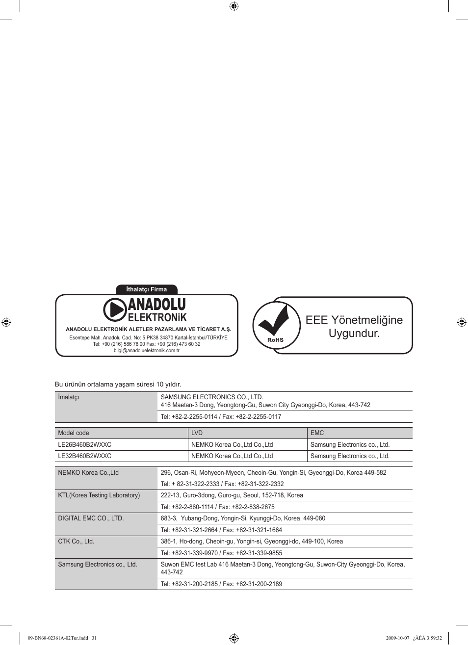 Anadolu, Eee yönetmeliğine uygundur, Elektronik | Samsung LE32B460B2W User Manual | Page 289 / 296