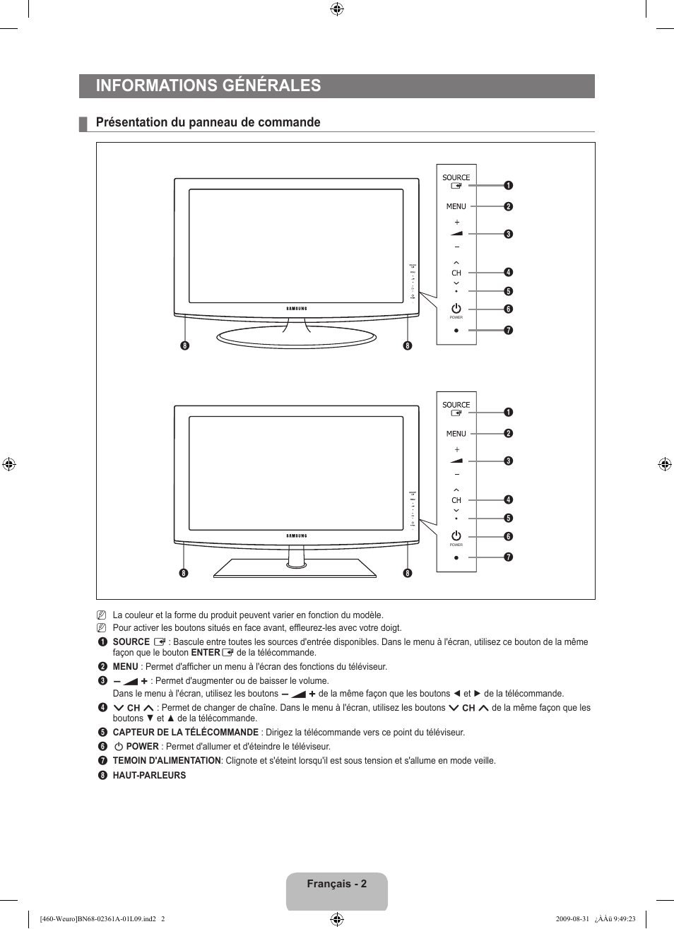Informations générales, Présentation du panneau de commande | Samsung LE32B460B2W User Manual | Page 36 / 296
